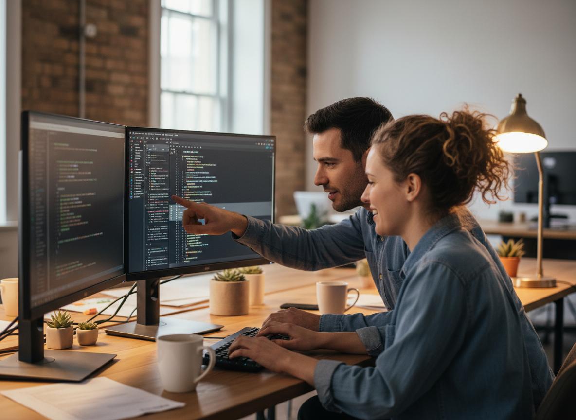 Skymind culture scene showing colleagues solving a technical problem