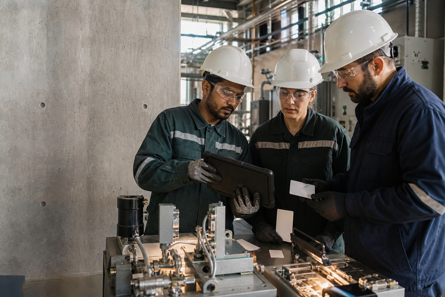 Energy operations team reviewing equipment condition and field approval