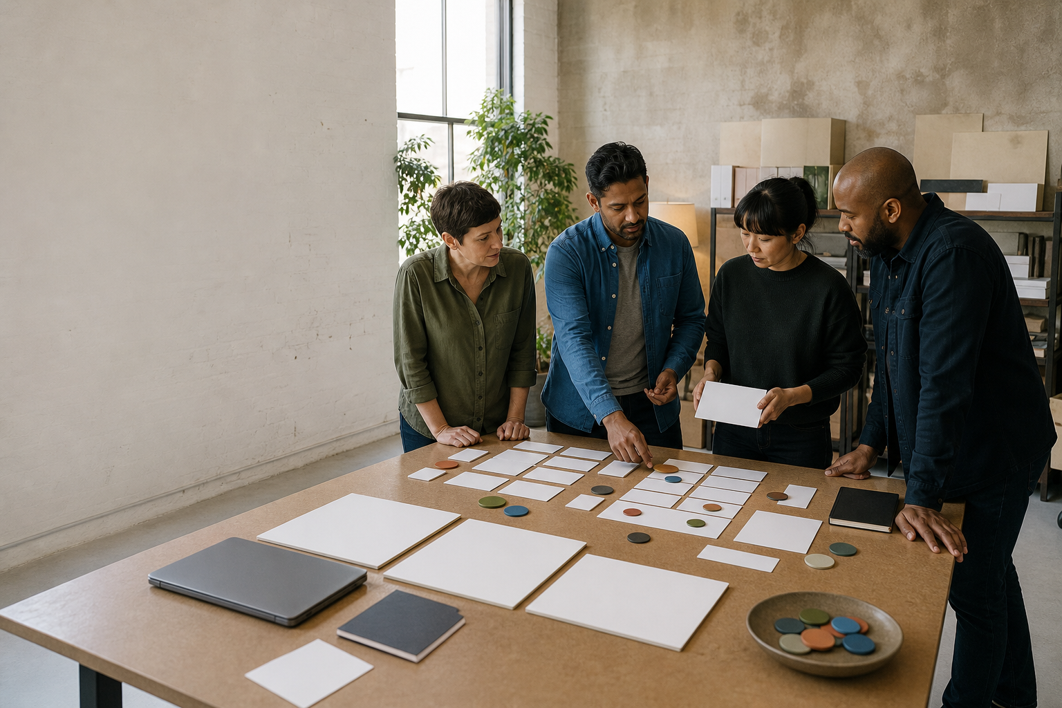 Cross-functional product team prioritizing blank evidence cards