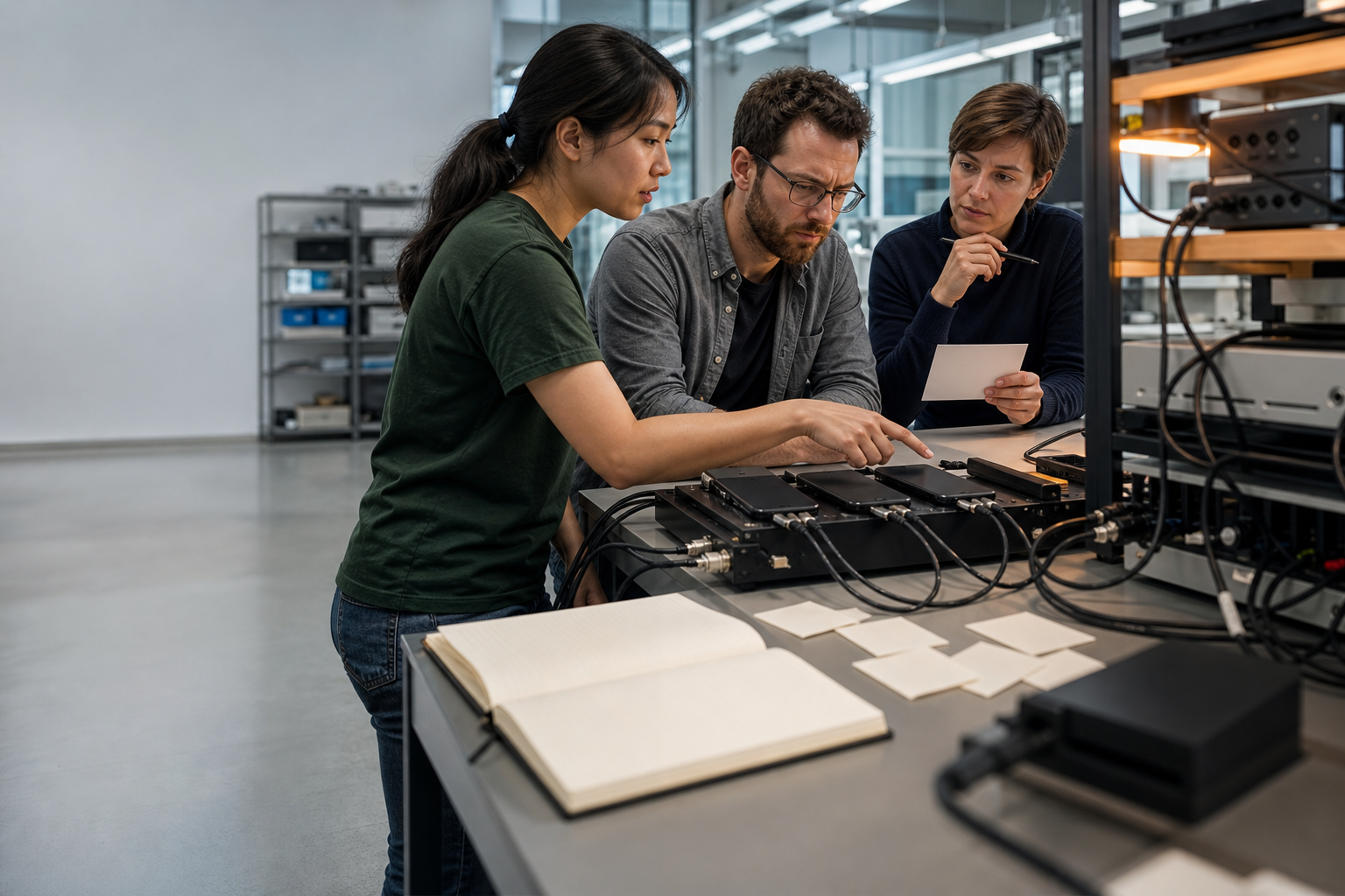 Quality engineers reproducing a boundary failure on test devices