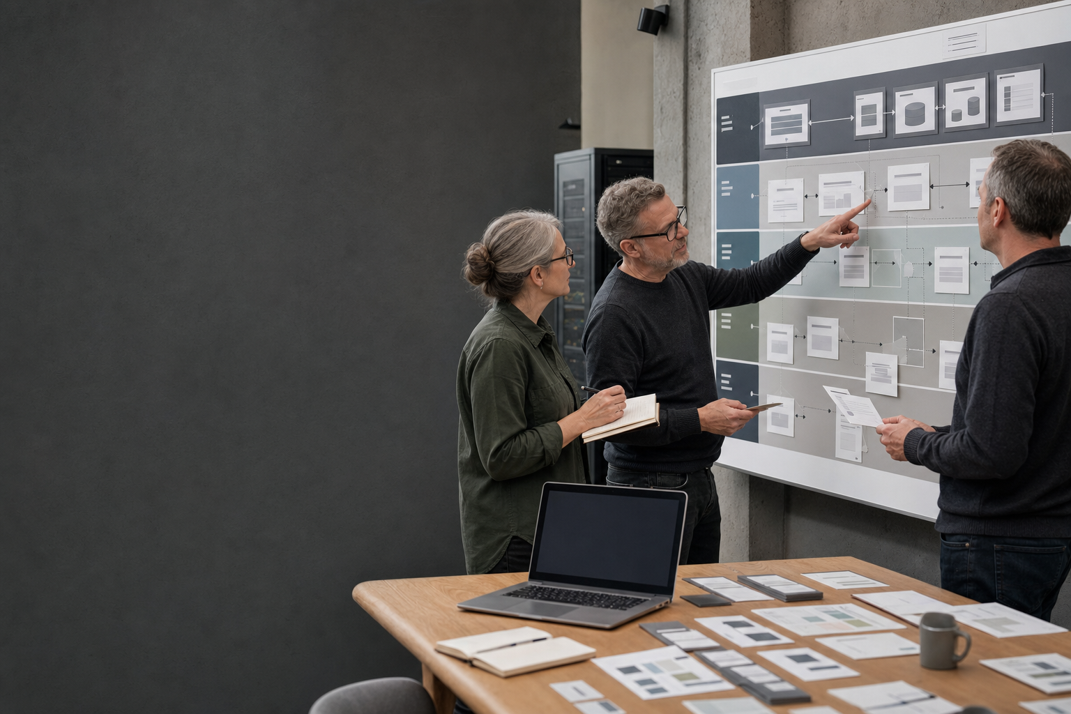 Service owners reviewing dependencies across a layered technology blueprint